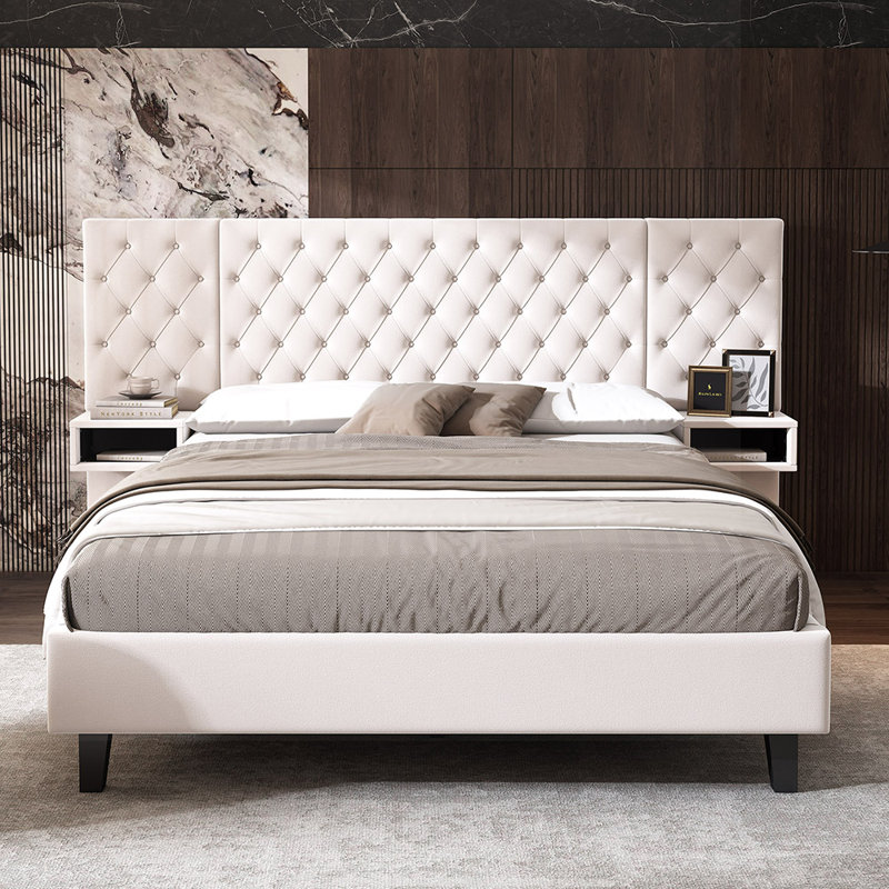 Modern Velvet Upholstered Platform Bed with 2 Nightstands Queen Beige